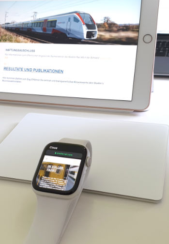 Responsive Stadler-Rail-Website auf Tablet und Apple Watch